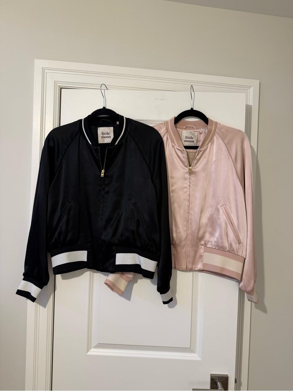 Little Moon Satin Bomber Jackets — Black and Blush